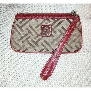 TIGNANELLO - Tan Signature Jacquard & Burgundy Faux Leather Trim Wristlet Pouch